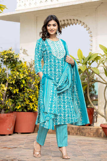 Varanga Women Blue Printed Round Neck Yoke  Embroidered Kurta Paired With Bottom And Dupatta